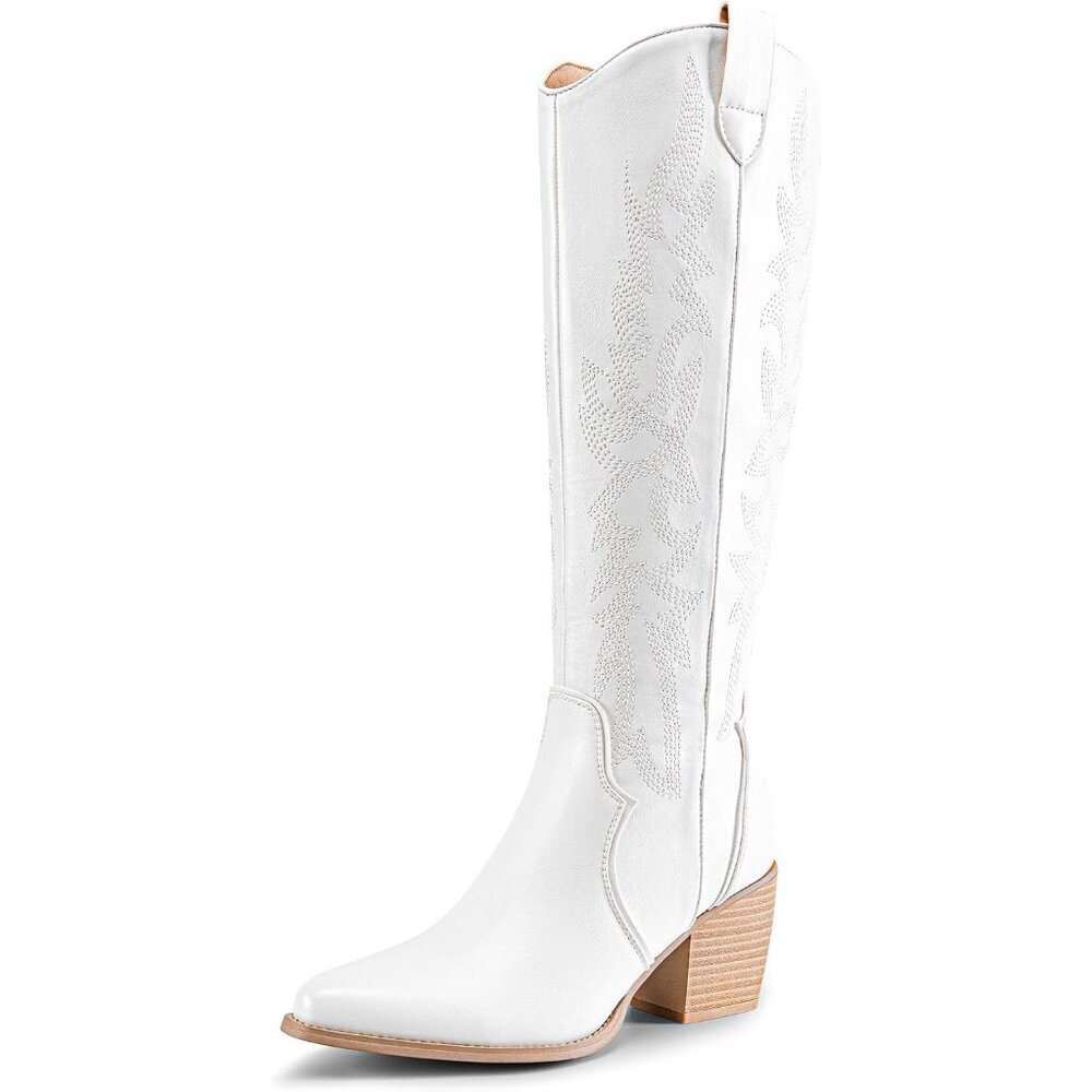Women's White Rubber Embroidered Cow Girl Knee High Comfortable Chunky Boots